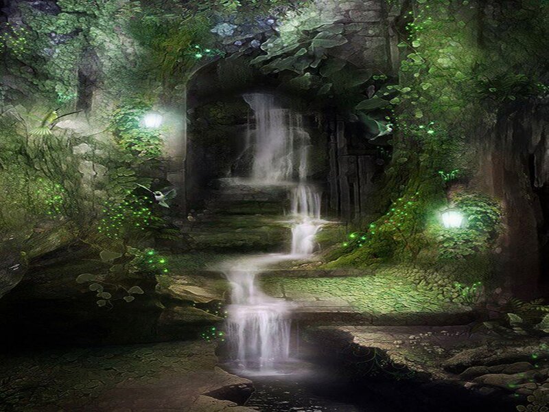 Enchanted Forest Waterfall — Green, Serene, Night