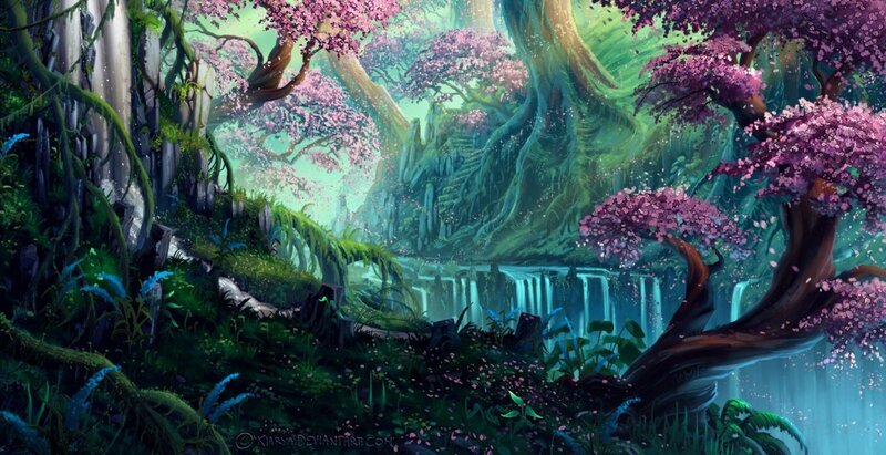 Enchanted Forest Waterfall — Green, Serene, Spring