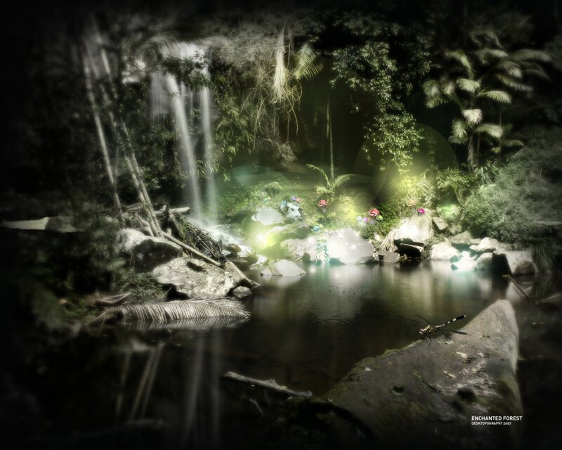 Enchanted Forest Waterfall — Green, Serene