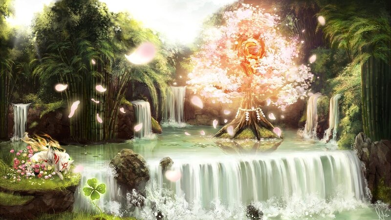 enchanted forest waterfall scene