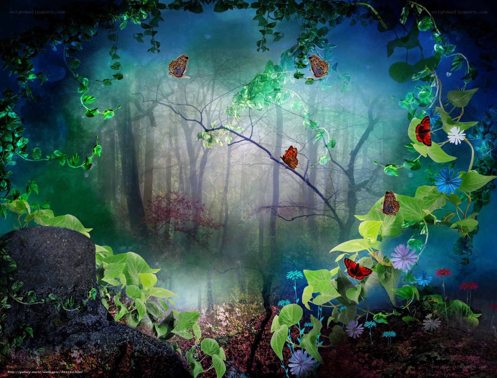 Enchanted forest with butterflies