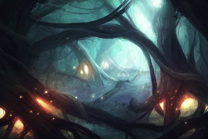 Enchanted Forest with Glowing Lights — Green