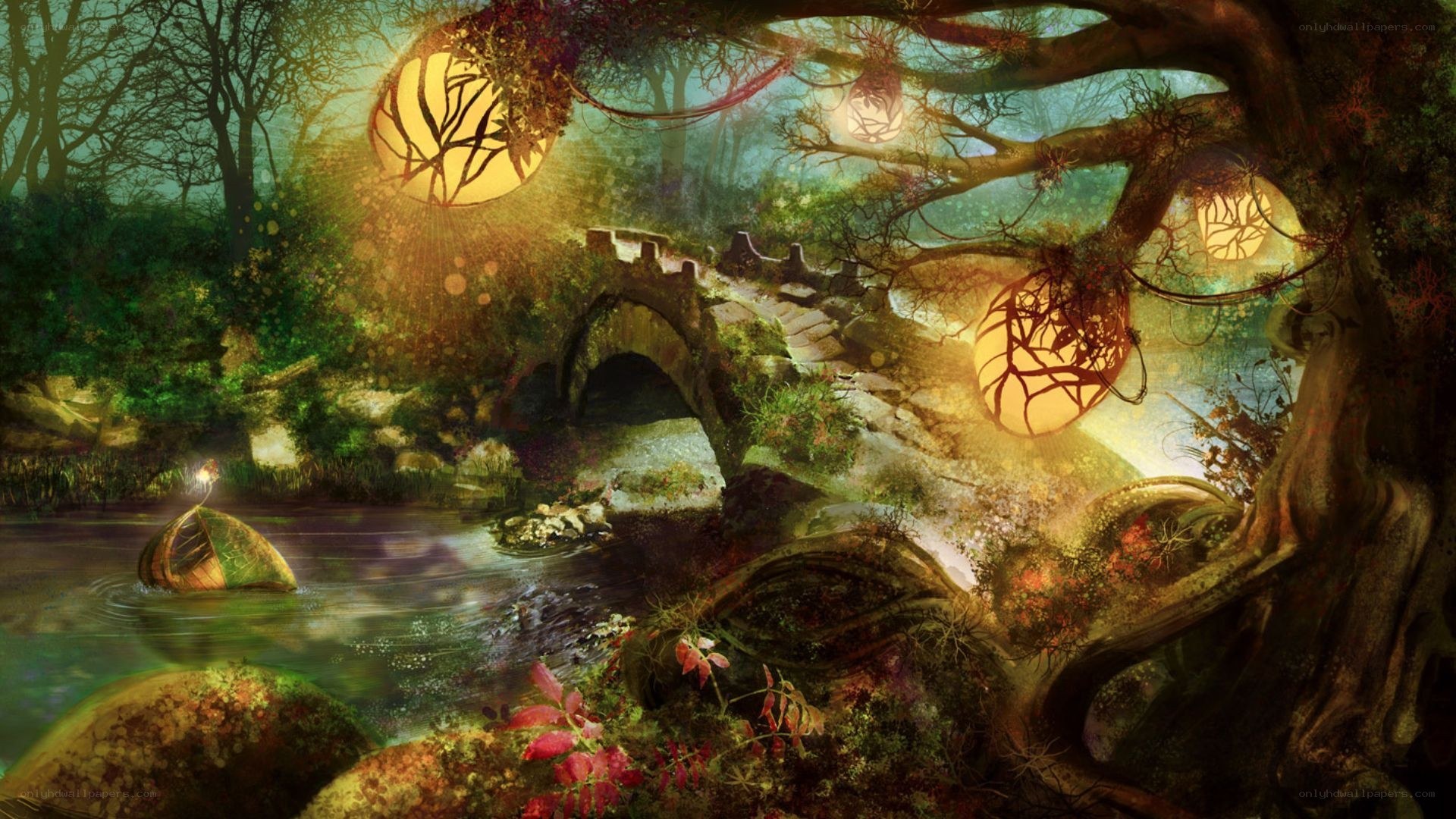 Enchanted forest with glowing orbs