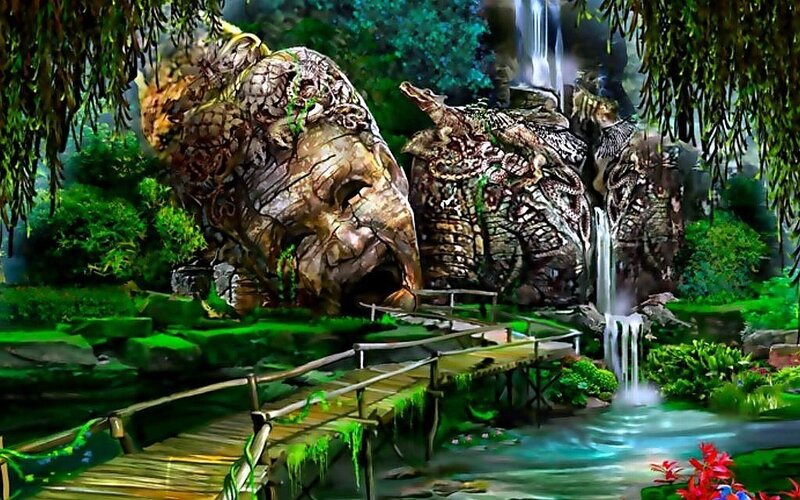 enchanted forest with stone sculptures