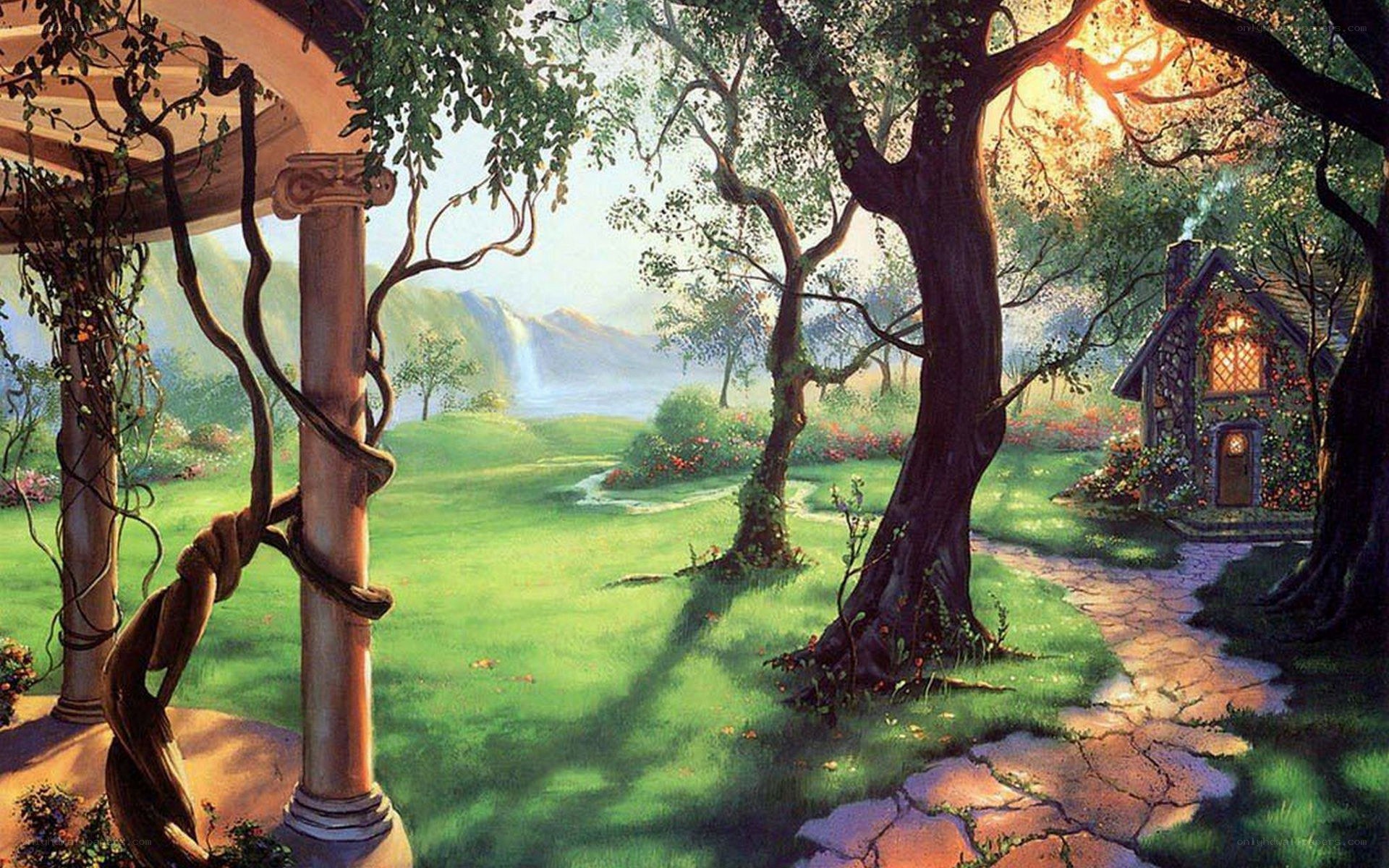 enchanted garden with cottage