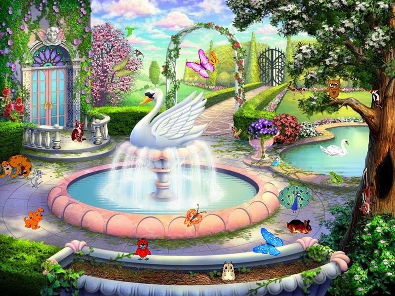 enchanted garden with swan fountain
