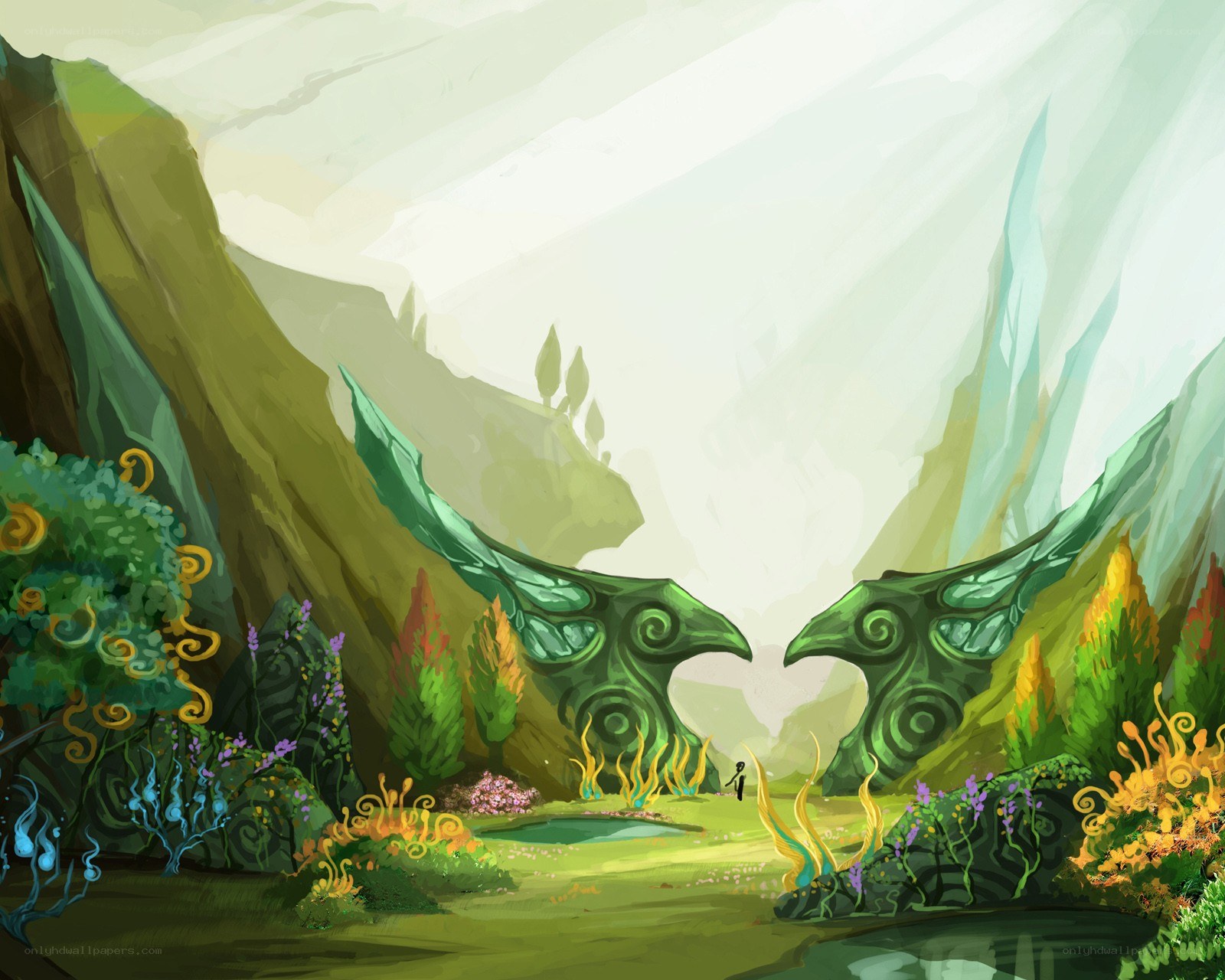 enchanted valley with stone birds