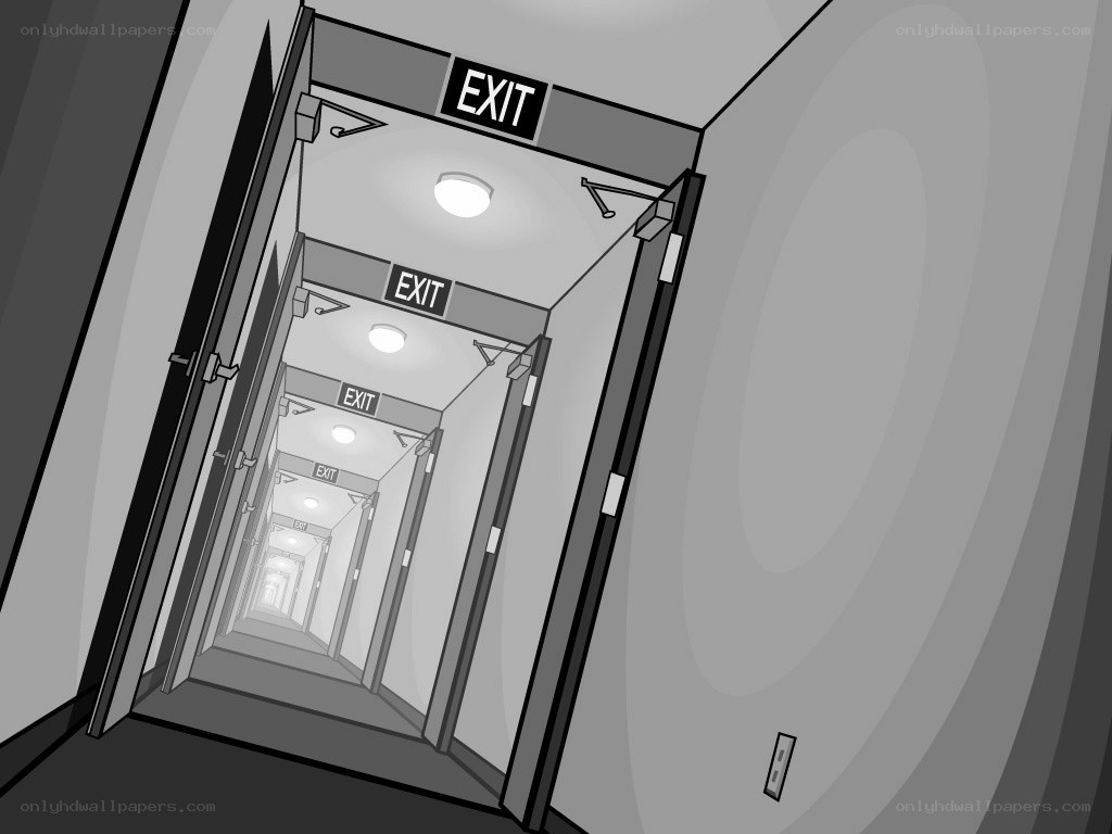 endless hallway with exit signs
