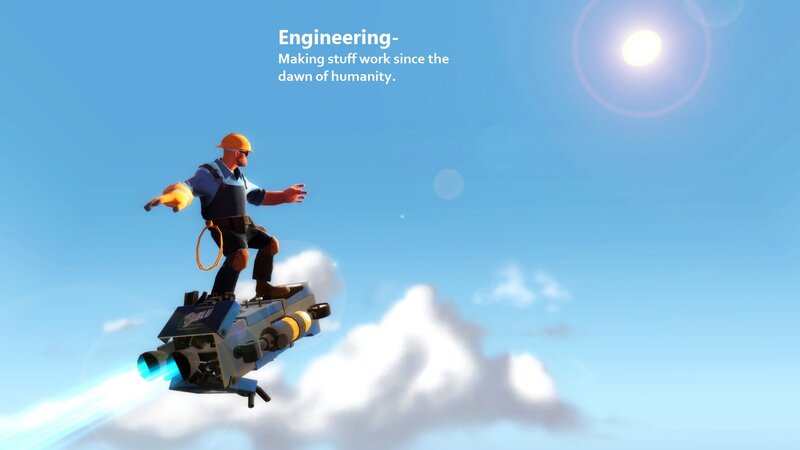 Engineer flying on jetpack