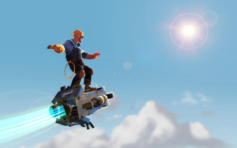 Engineer flying with jetpack