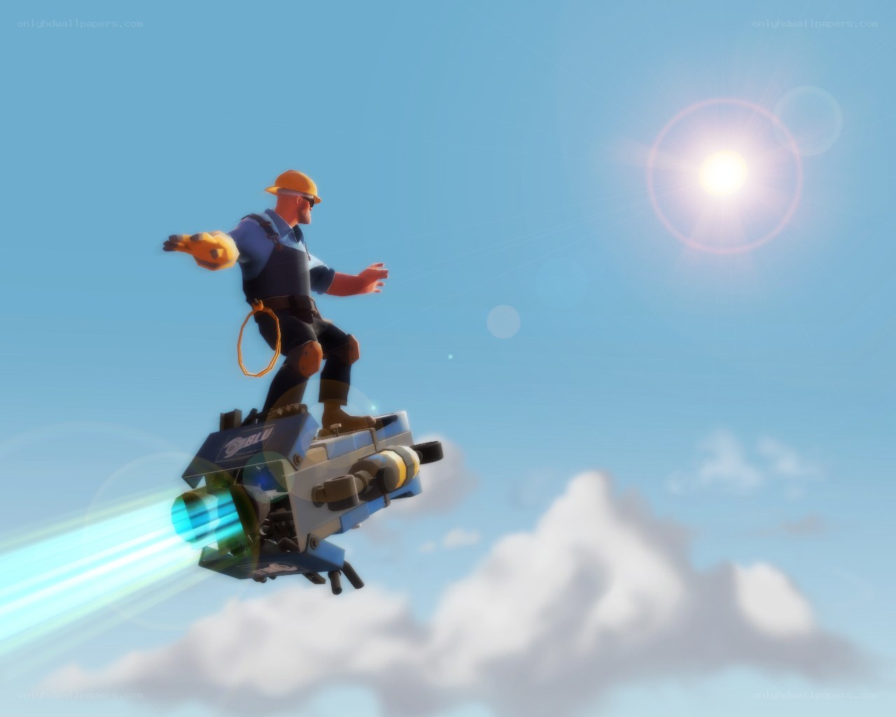 Engineer flying with jetpack
