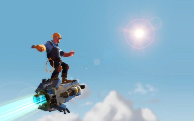 Engineer flying with jetpack