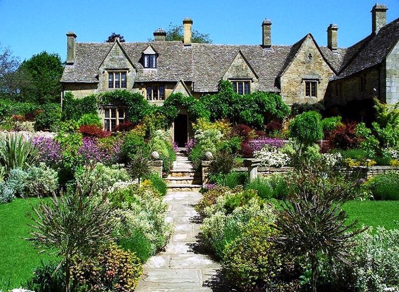 English country house with garden