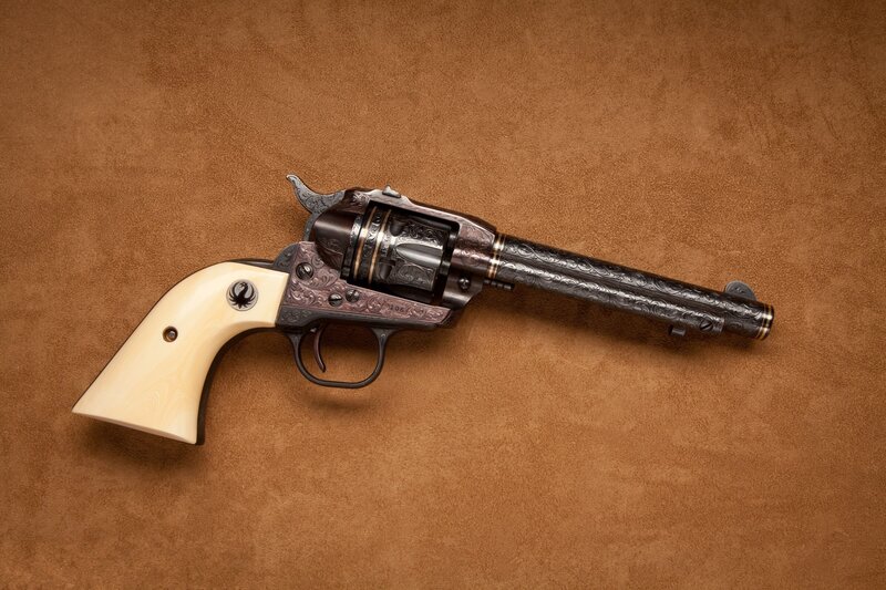 Engraved Revolver — Brown, Dramatic, Photograph, Wooden Grip, Metal Barrel, Leather Background