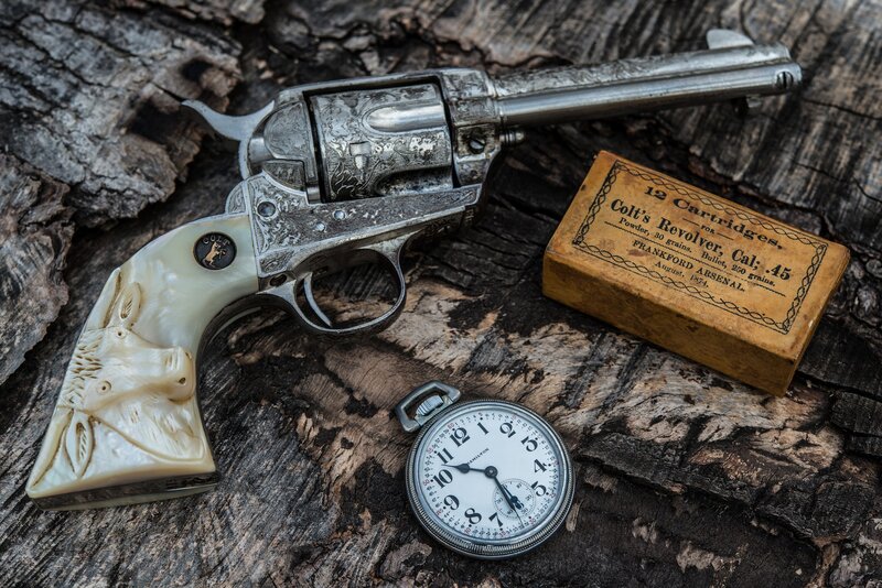 Engraved Revolver on Wood