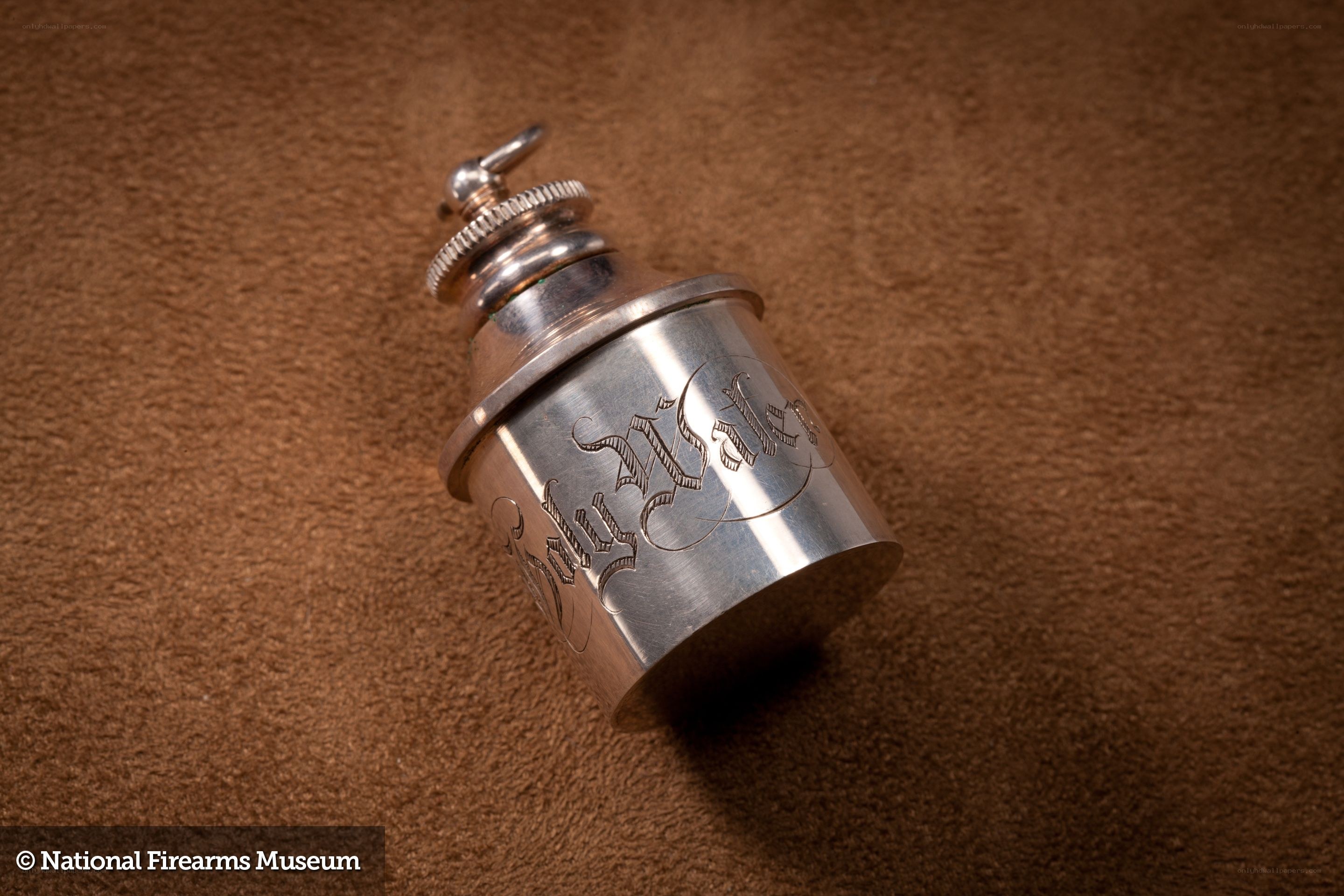 engraved silver powder measure