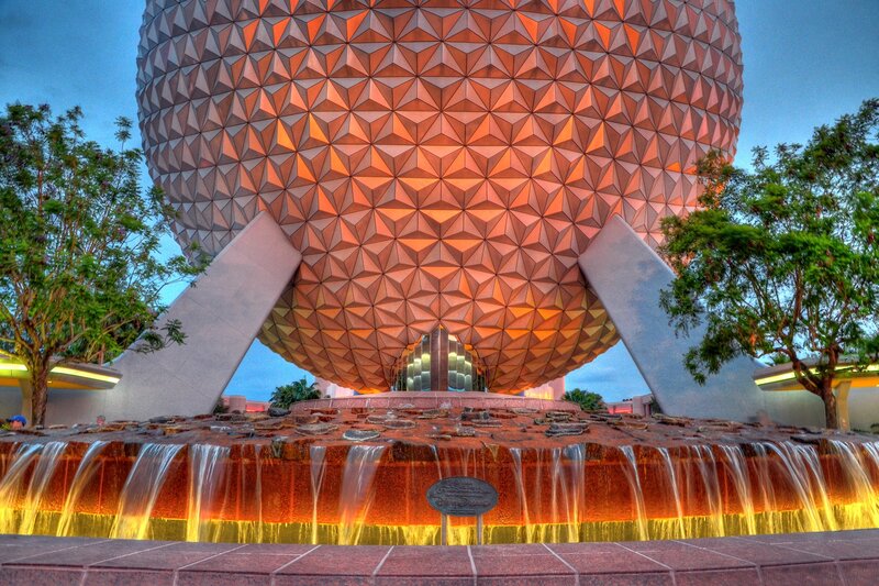 Epcot's Spaceship Earth at dusk