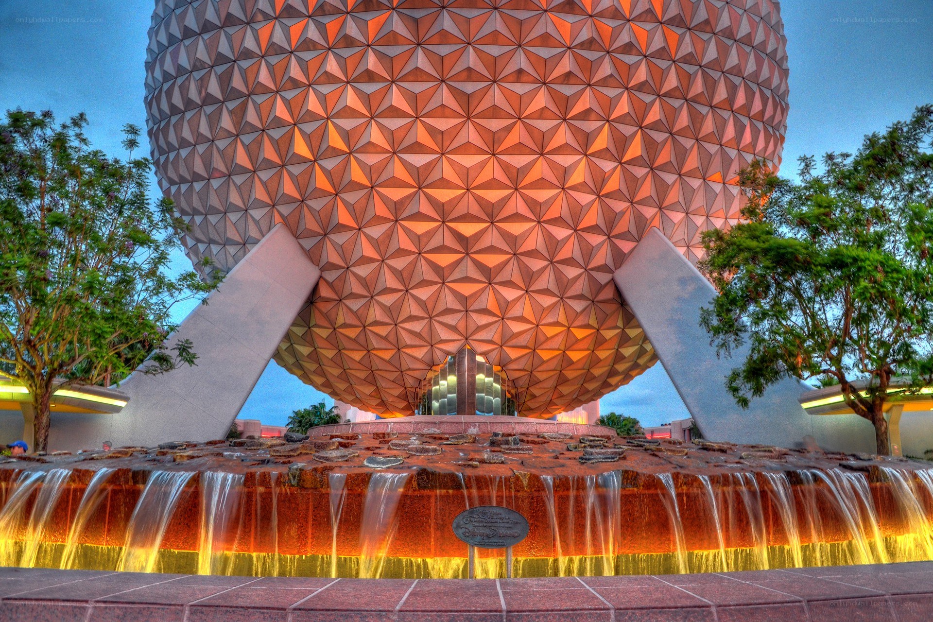 Epcot's Spaceship Earth at dusk