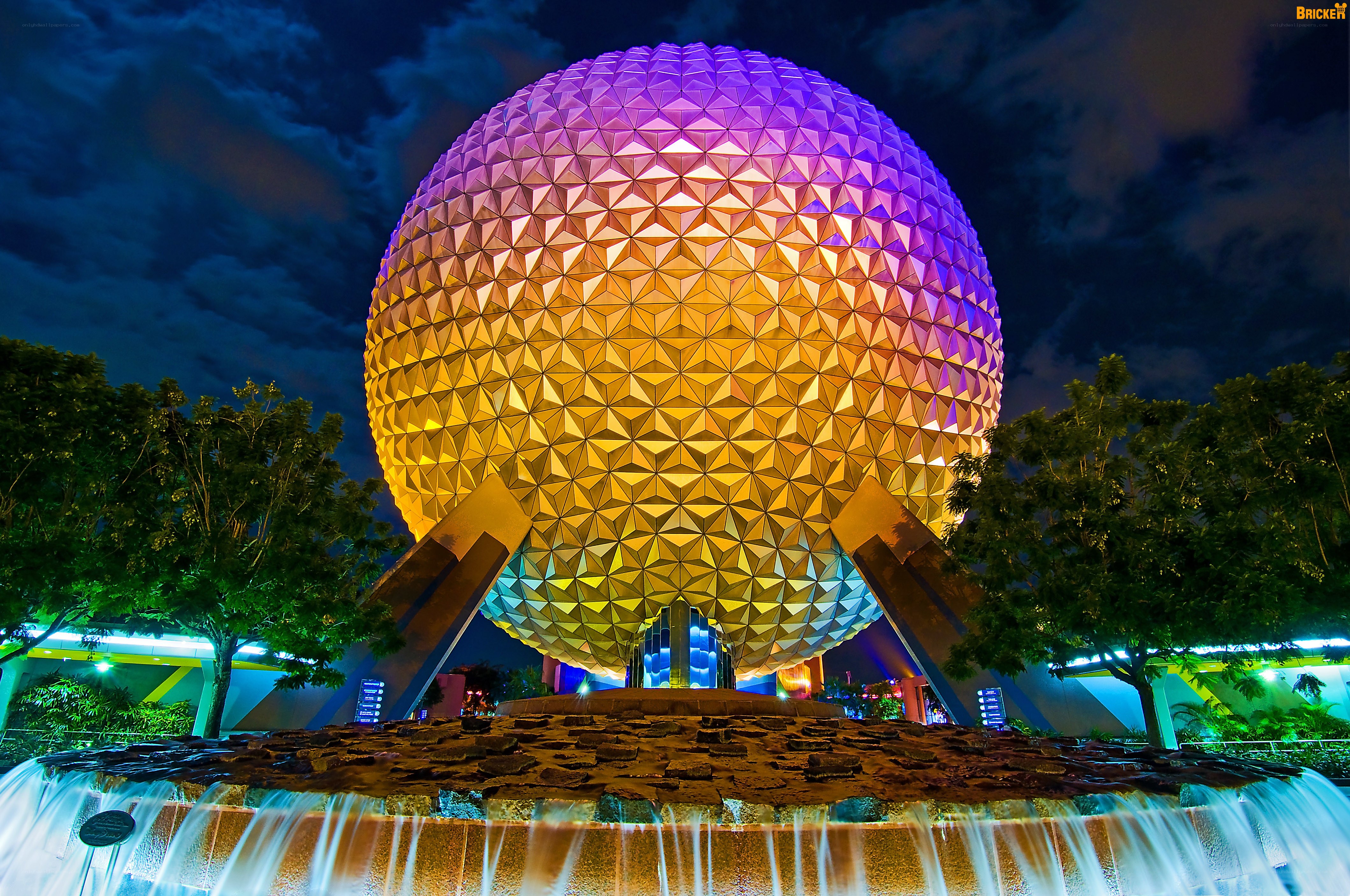 Epcot's Spaceship Earth at night