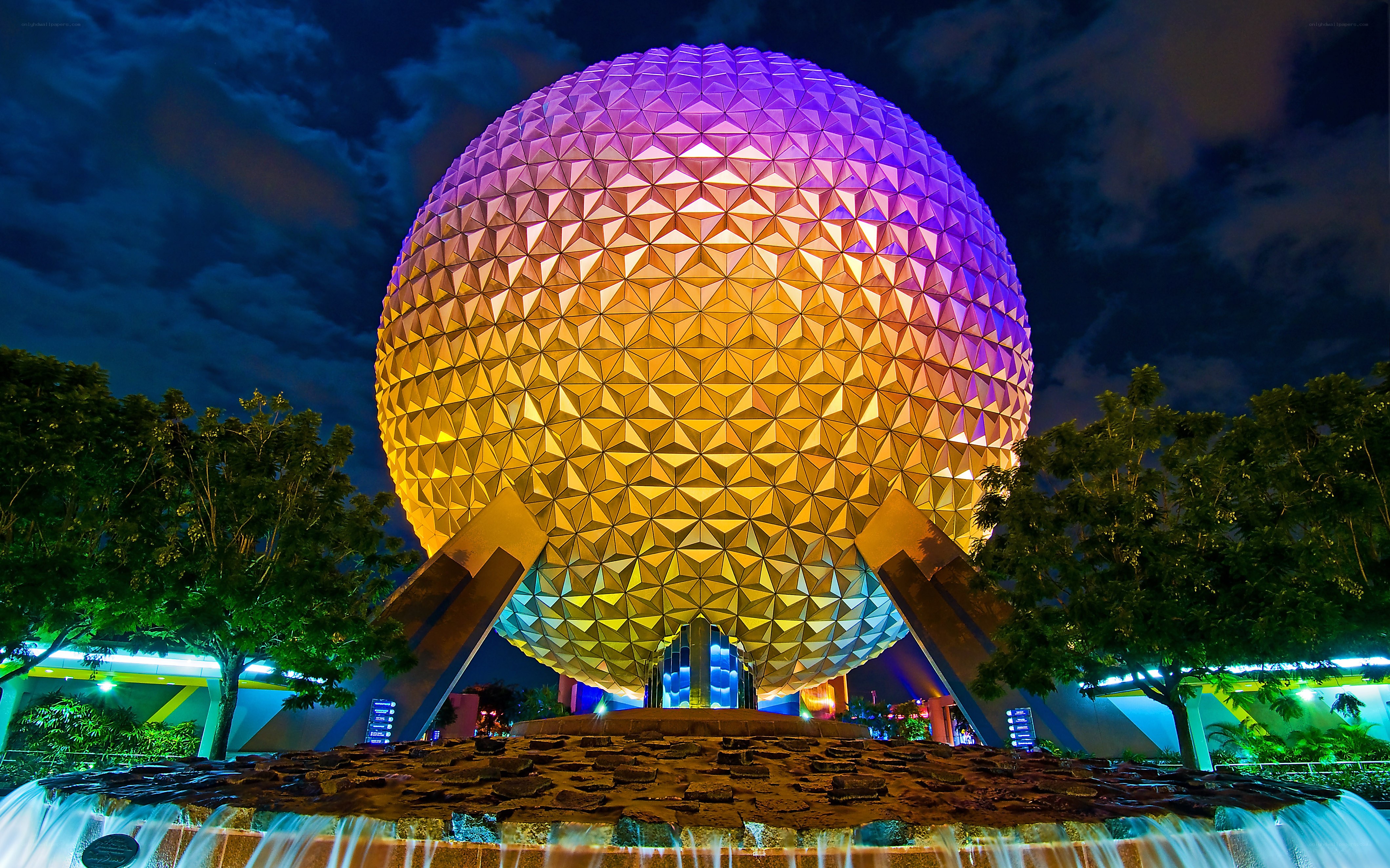 Epcot's Spaceship Earth at night