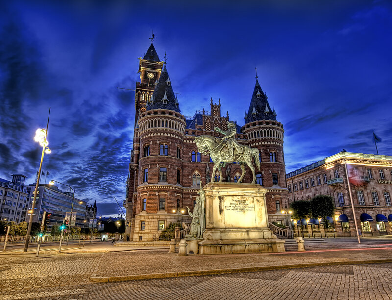 Equestrian Statue and Building — Blue
