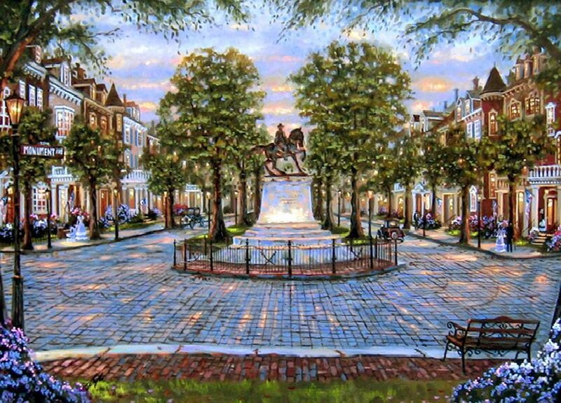Equestrian Statue in Town Square — Blue