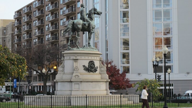 equestrian statue in urban park