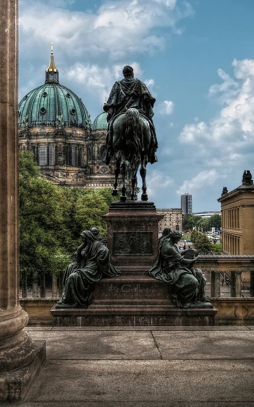 equestrian statue with cathedral