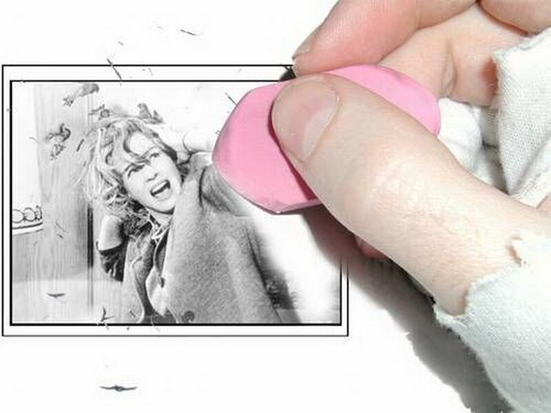erasing a photo of a screaming woman