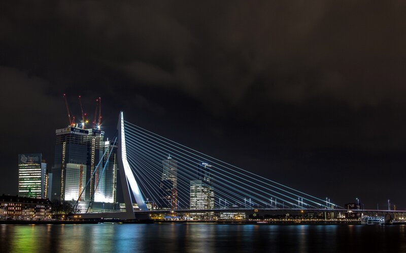 Erasmus Bridge at Night — Black, Dramatic, Photograph, City Skyline