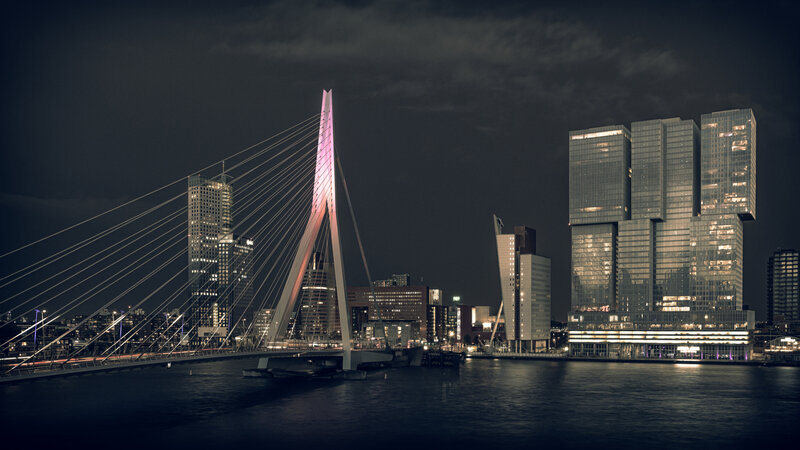 Erasmus Bridge at Night — Black, Dramatic, Photograph, Skyscraper