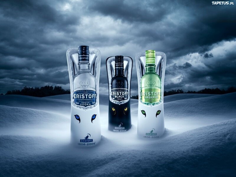 Eristoff vodka bottles in snow