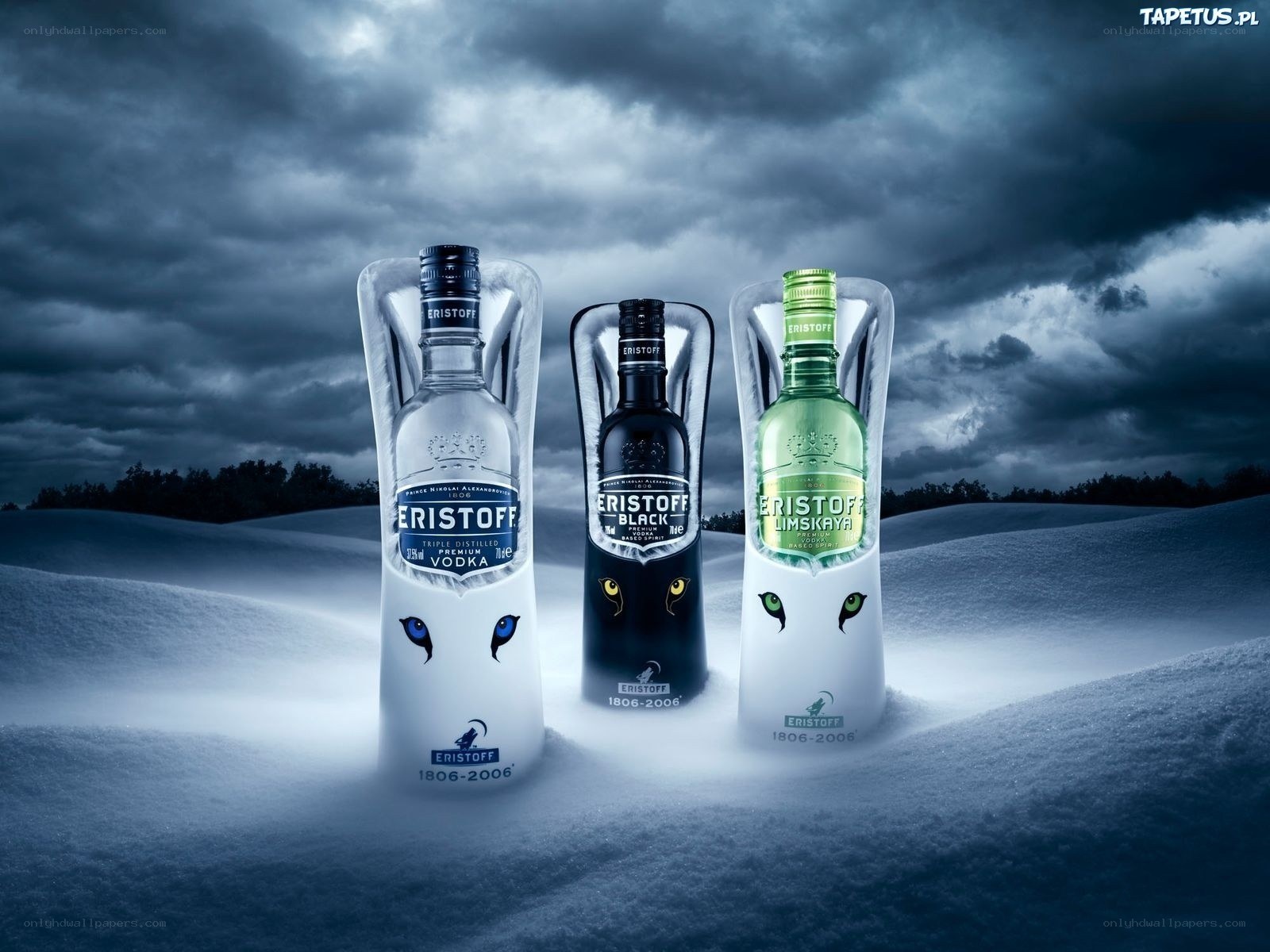 Eristoff vodka bottles in snow