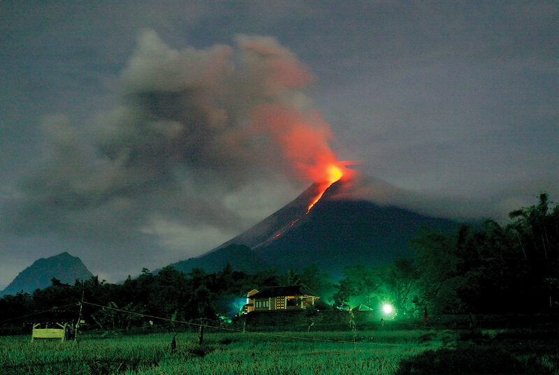 Erupting Volcano at Night — Black, Dramatic, Photograph, Lava Flow, Smoke Plume