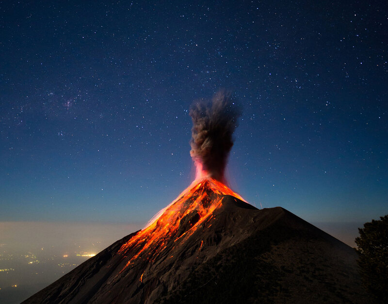 Erupting Volcano at Night — Black, Dramatic, Photograph, Lava Flow