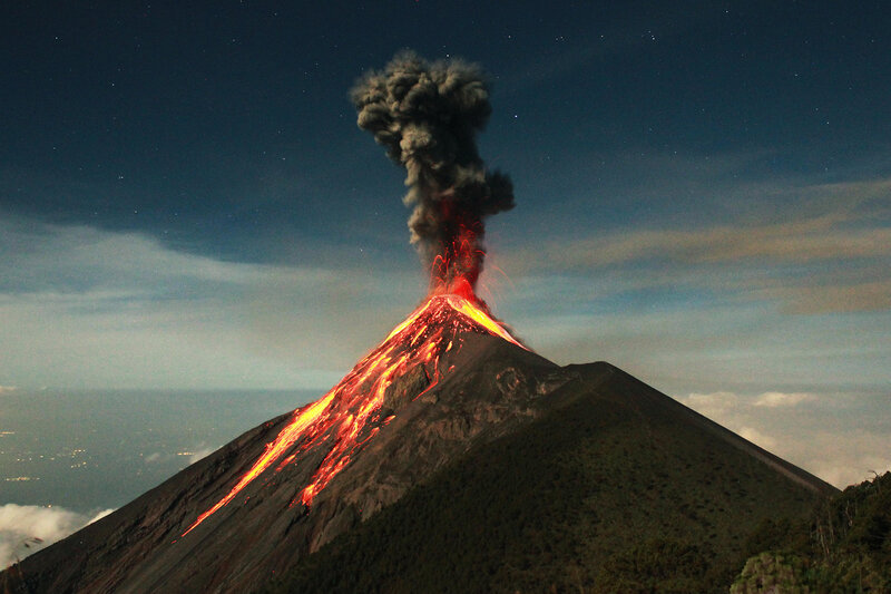 Erupting Volcano at Night — Black, Dramatic, Photograph, Lava