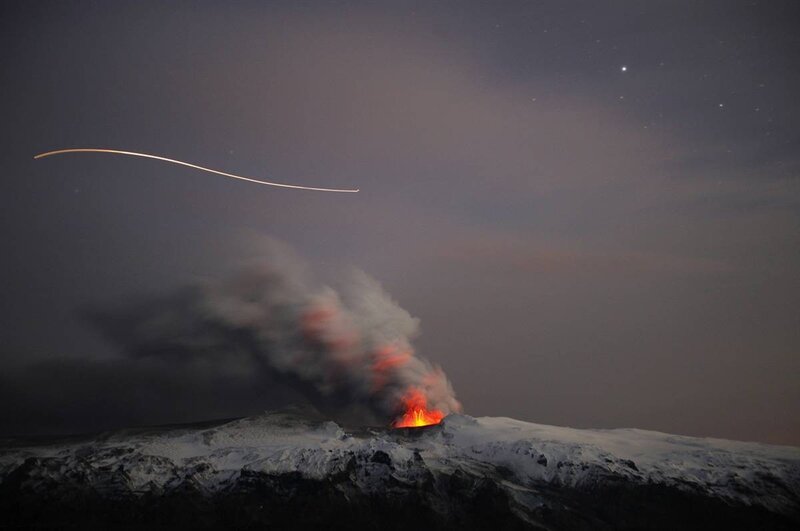 Erupting Volcano at Night — Black, Dramatic, Photograph, Smoke