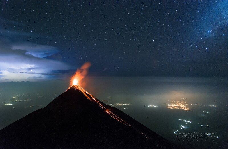 Erupting Volcano at Night — Black, Dramatic