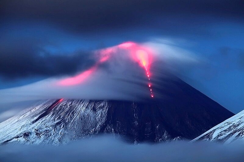 Erupting Volcano at Night — Blue, Dramatic, Photograph