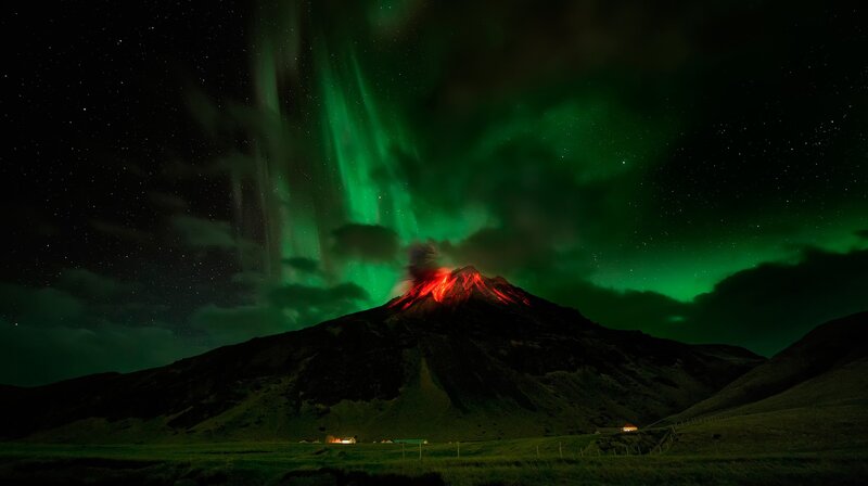 Erupting Volcano at Night — Green