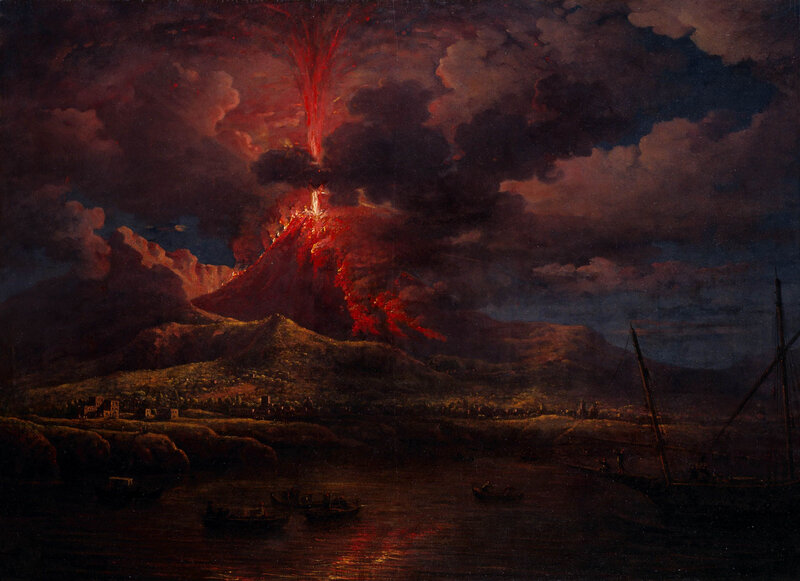 Erupting Volcano at Night — Red, Dramatic, Painting
