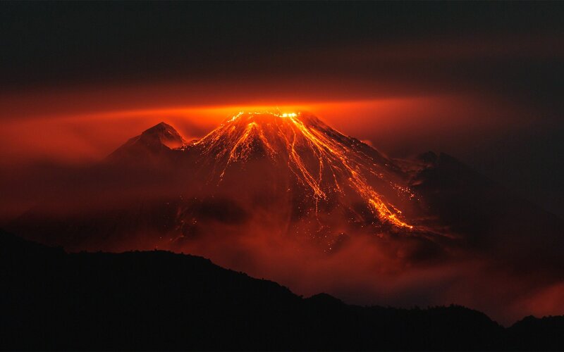 Erupting Volcano at Night — Red, Dramatic, Photograph, Lava, Mountain
