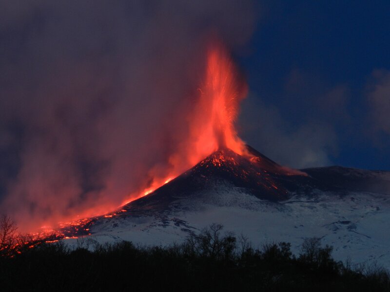 Erupting Volcano at Night — Red, Dramatic, Photograph, Lava, Smoke