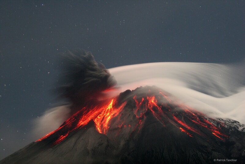 Erupting Volcano at Night — Red, Dramatic, Photograph, Lava