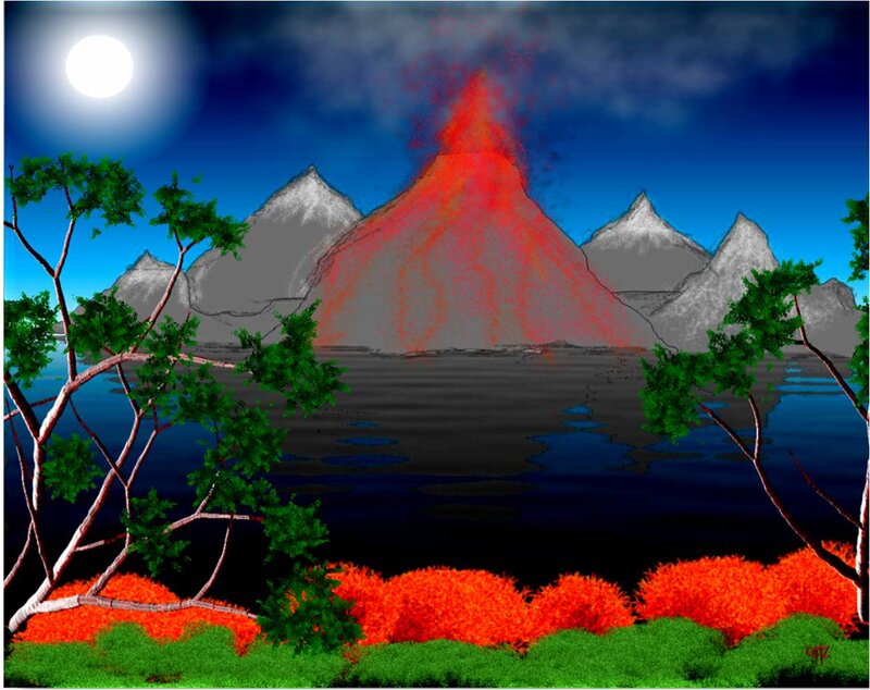 Erupting Volcano at Night — Red