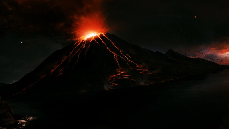 Erupting Volcano — Black, Dramatic, Night, Digital Art