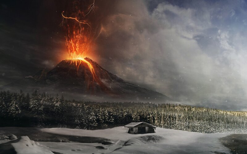 Erupting Volcano — Black, Dramatic, Winter, Digital Art