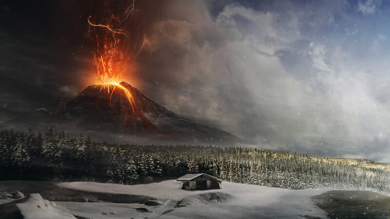 Erupting Volcano — Black, Dramatic, Winter