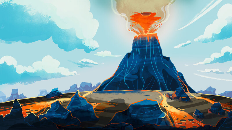Erupting Volcano — Blue, Dramatic, Afternoon