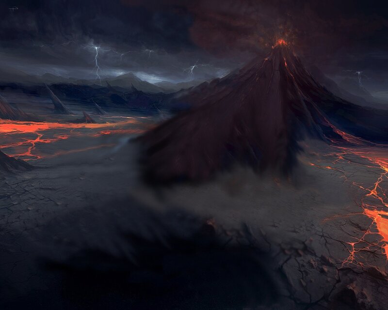 Erupting Volcano Landscape — Black, Dramatic